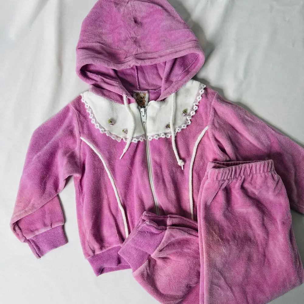 Vintage 1980s Teddy Bears by Kleinert's Purple Floral Velour Track Suit Sz 4